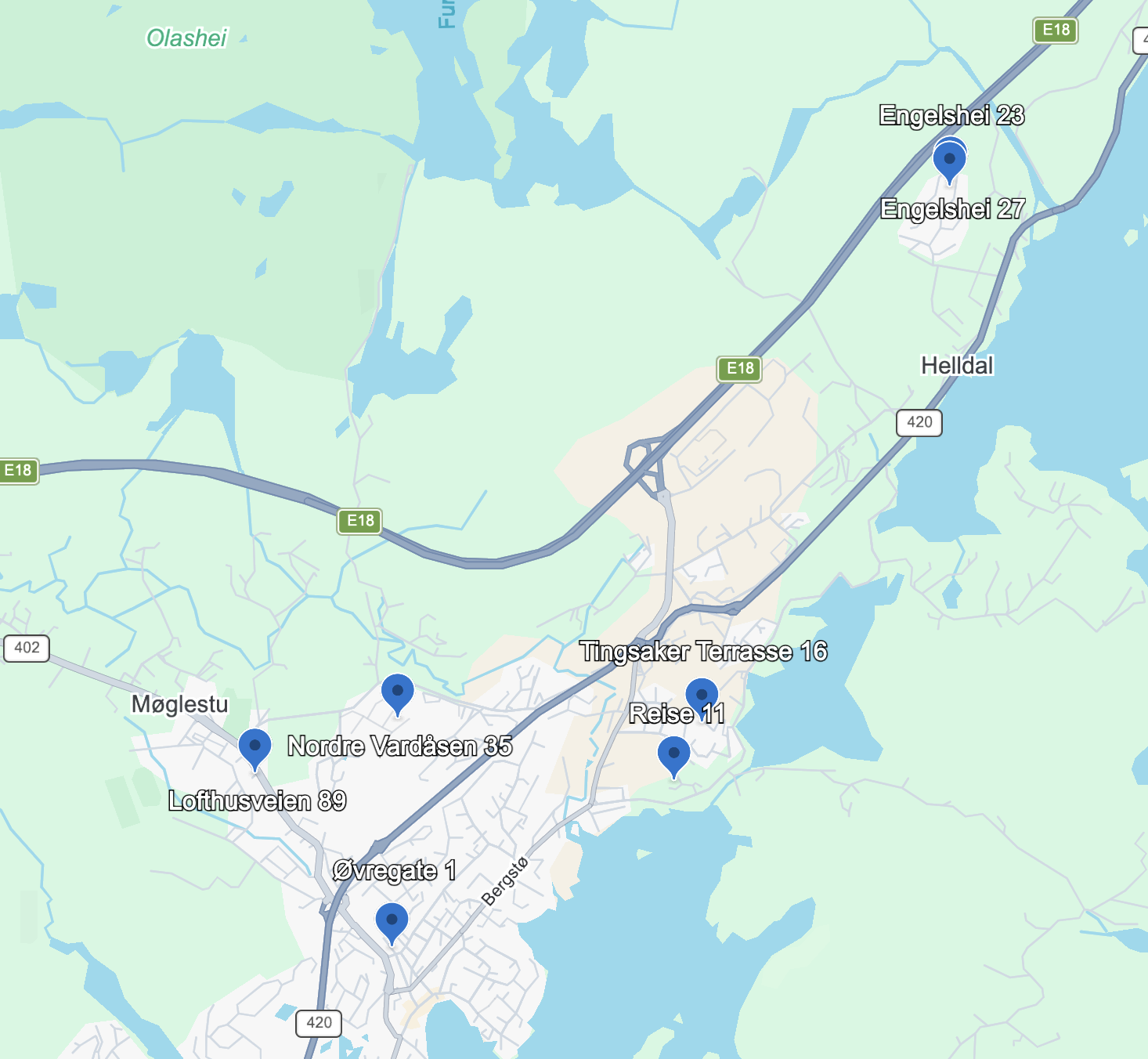 Kartoversikt over JEB Invest Sør AS sine eiendommer